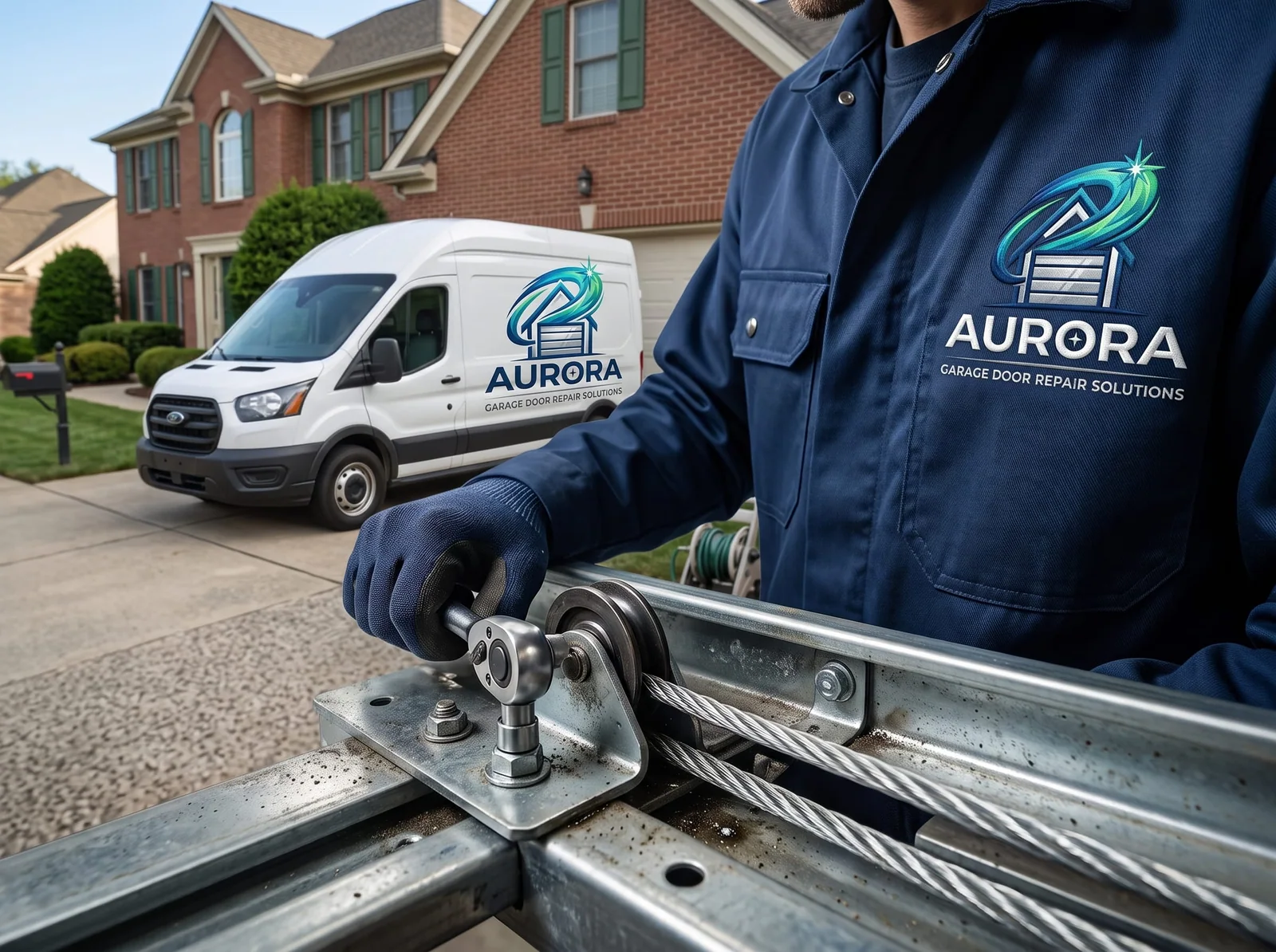 Technician repairing a residential garage door in Aurora, IL