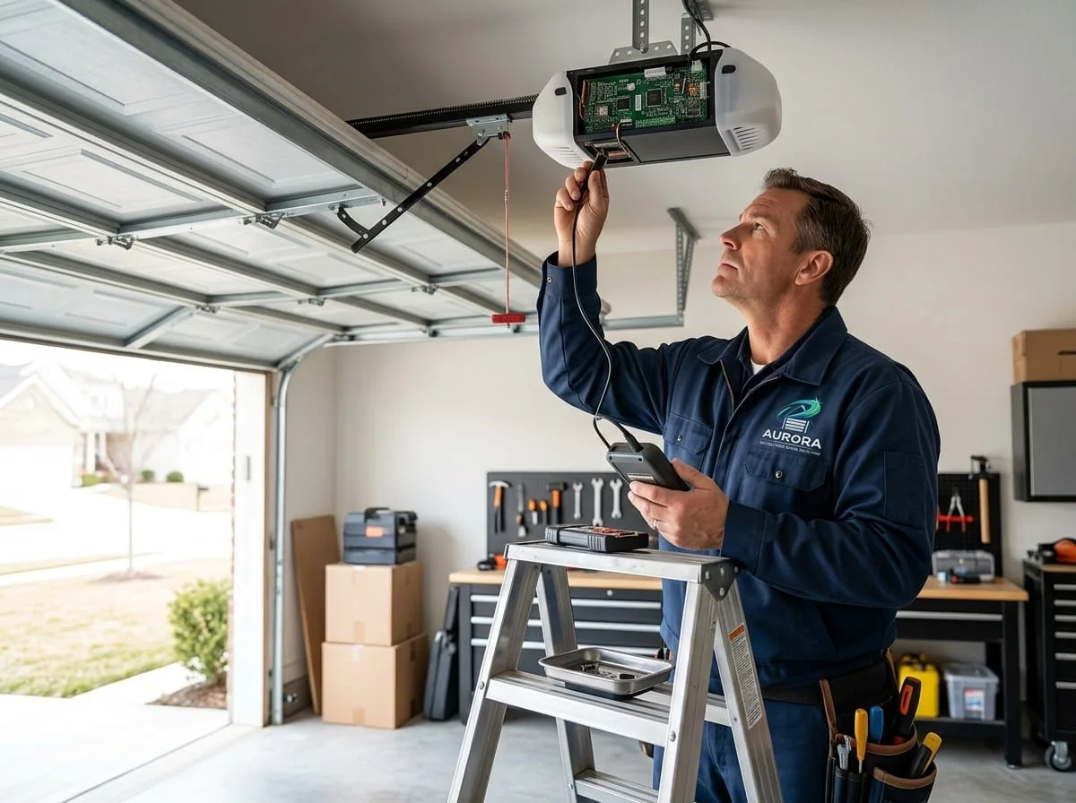 Extension spring with safety cable installed along a garage door track