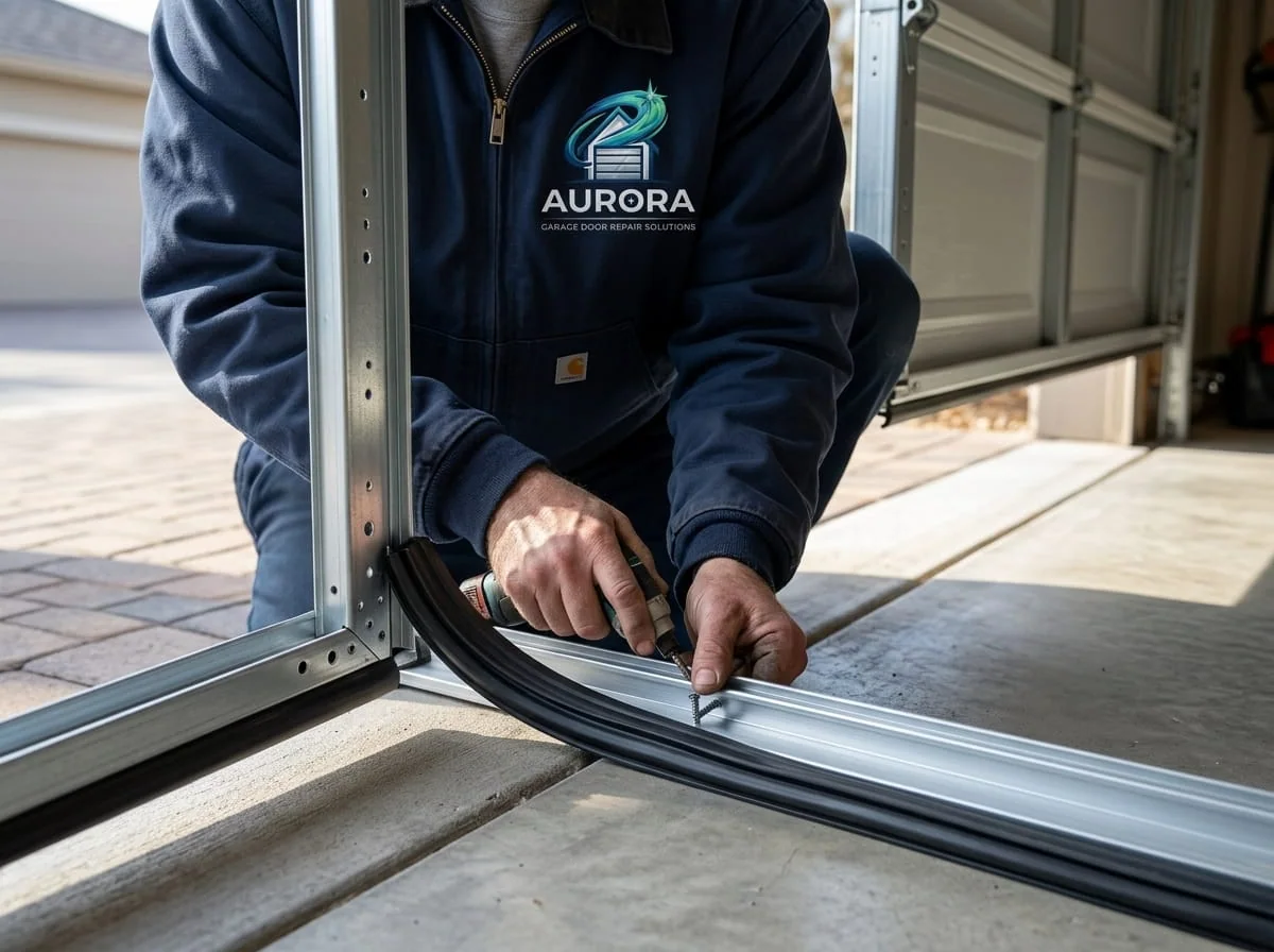 Technician installing a new garage door into a framed opening in Aurora, IL