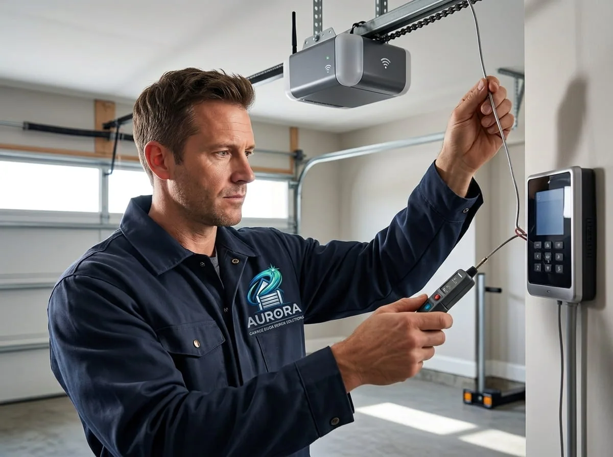 Technician installing a garage door opener in an Aurora, IL garage