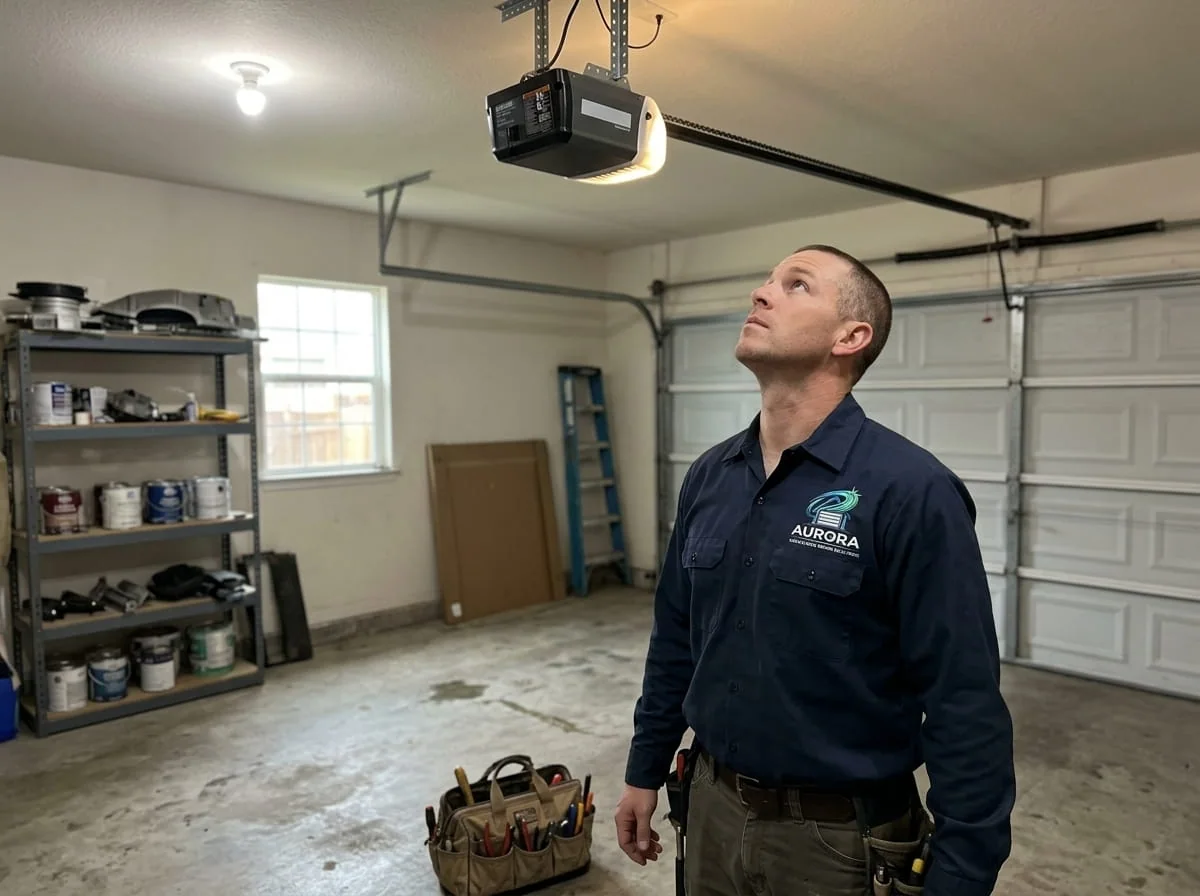 Homeowner reviewing an itemized garage door repair quote with a technician