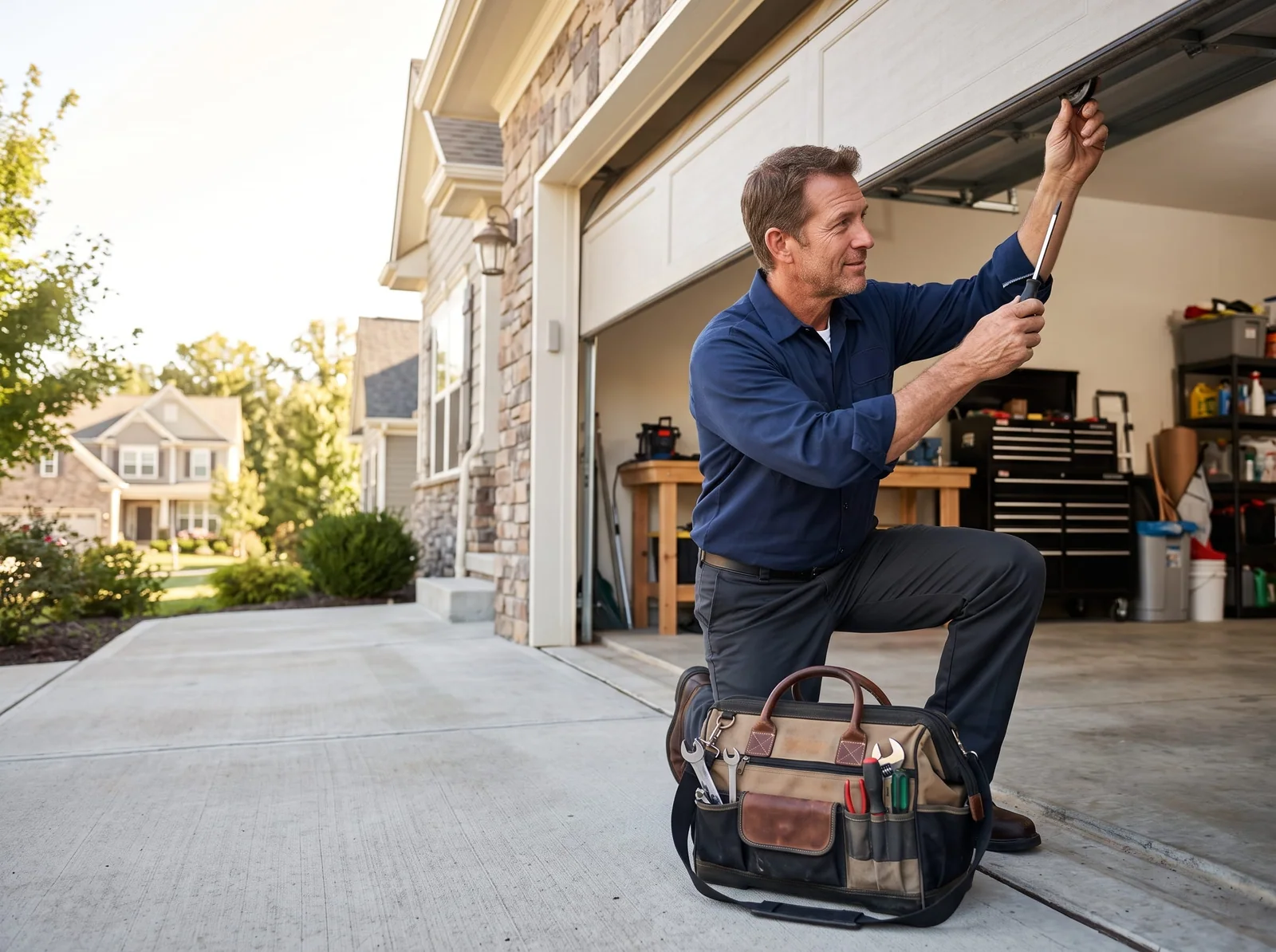 Homeowner visually inspecting a torsion spring above a garage door without touching it