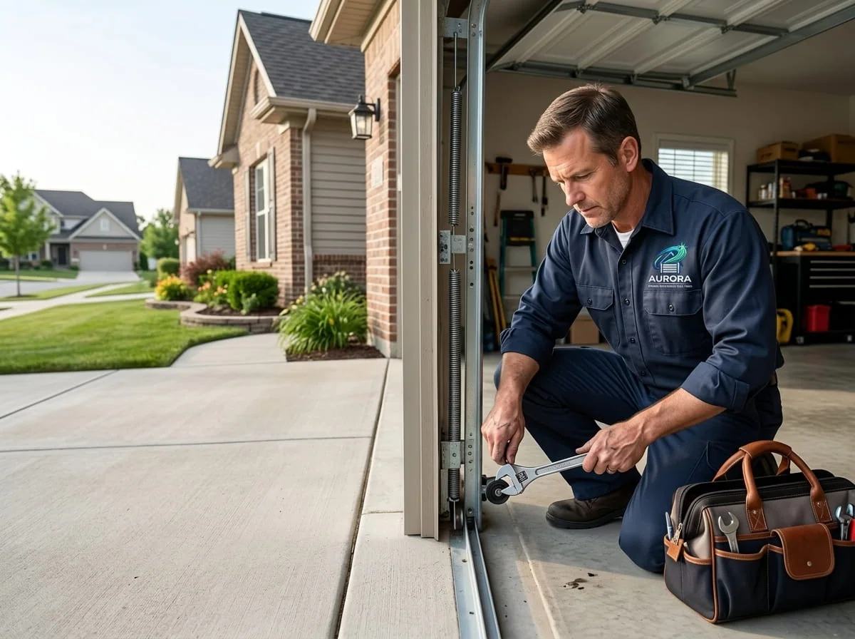 Carriage-style residential garage door on a two-story home in an Aurora, IL neighborhood