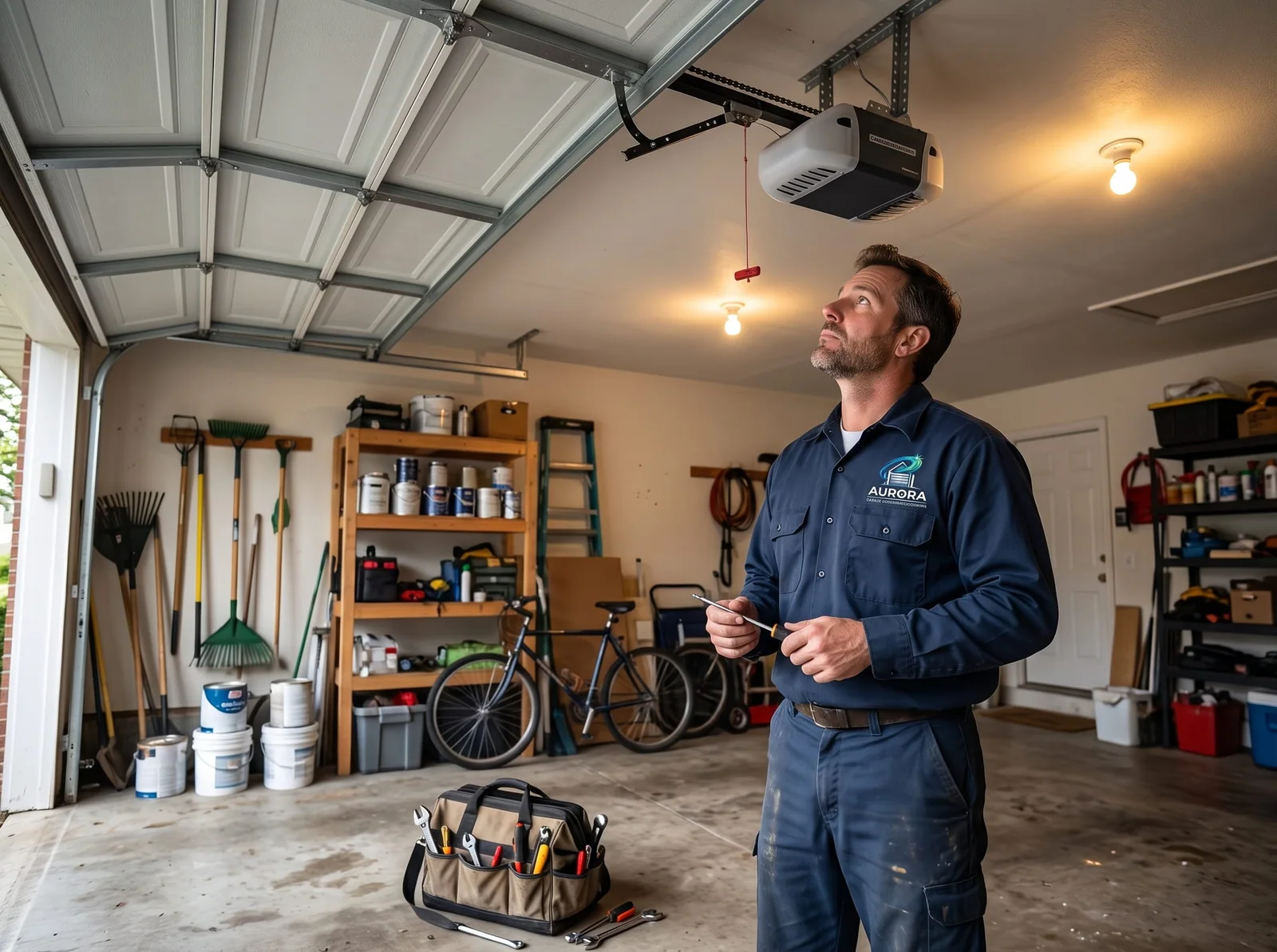 Technician replacing a torsion spring on the shaft above a garage door